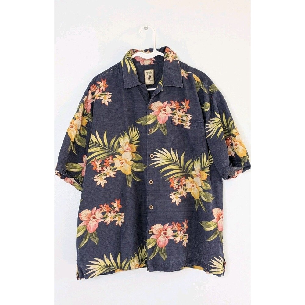Jamaica Jaxx Mens XL Hawaiian Shirt Silk Blue Tropical Floral Camp Button Up